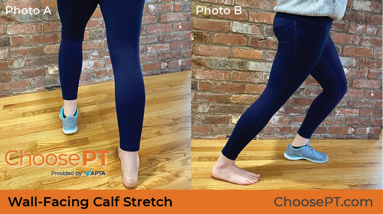 A physical therapist shows how to do a wall-facing calf stretch.