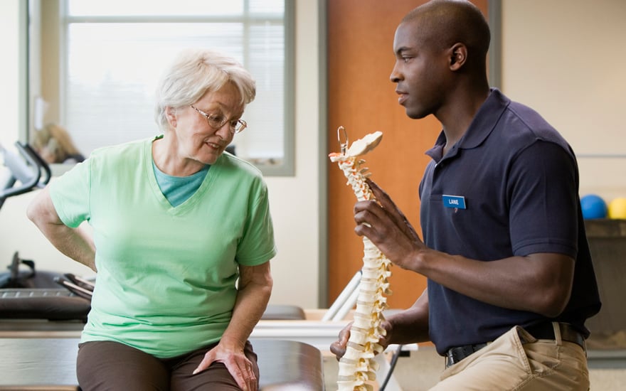 A physical therapist educates a patient about the spine.